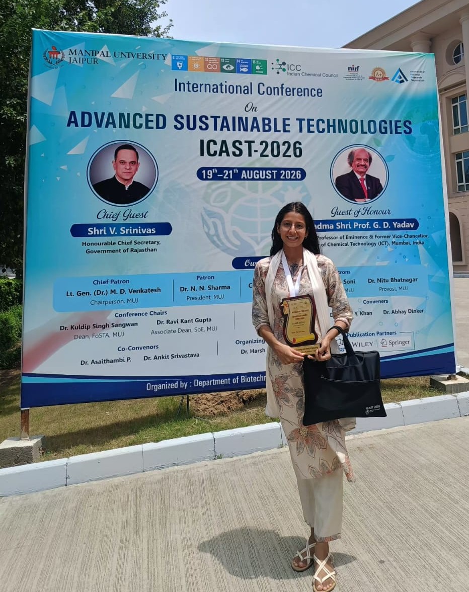 Ms. Mansi Chundawat received Best Presenter Award at International Conference on Advanced Sustainable Technologies (ICAST-2026), Manipal University, Jaipur